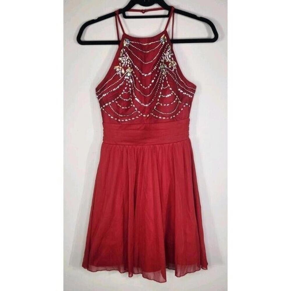 Speechless Red Rhinestone Sparkly Formal Mesh Halter Short Dress Size 3
